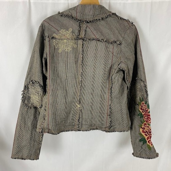 Unique Embellished Striped Blazer Jacket Floral Roses Embroidered Frayed Edges - Picture 2 of 15